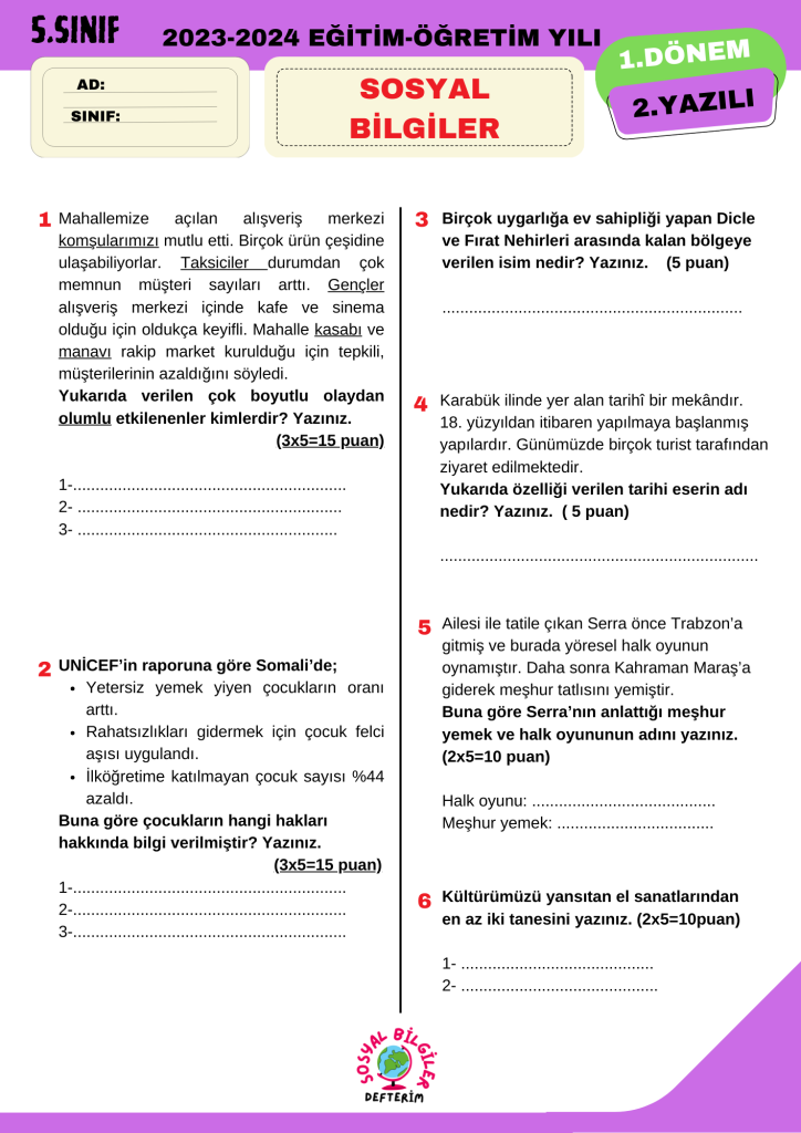 5. sınıf 1. dönem 2. yazılı ortak açık uçlu ..