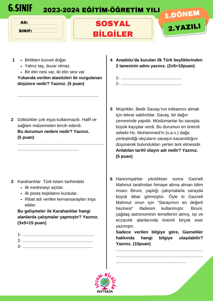 6. sınıf 1. dönem 2. yazılı ortak açık uçlu