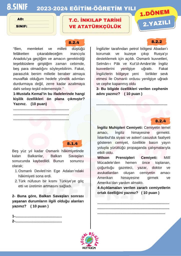 8.sınıf 1.dönem 2.yazılı ortak açık uçlu